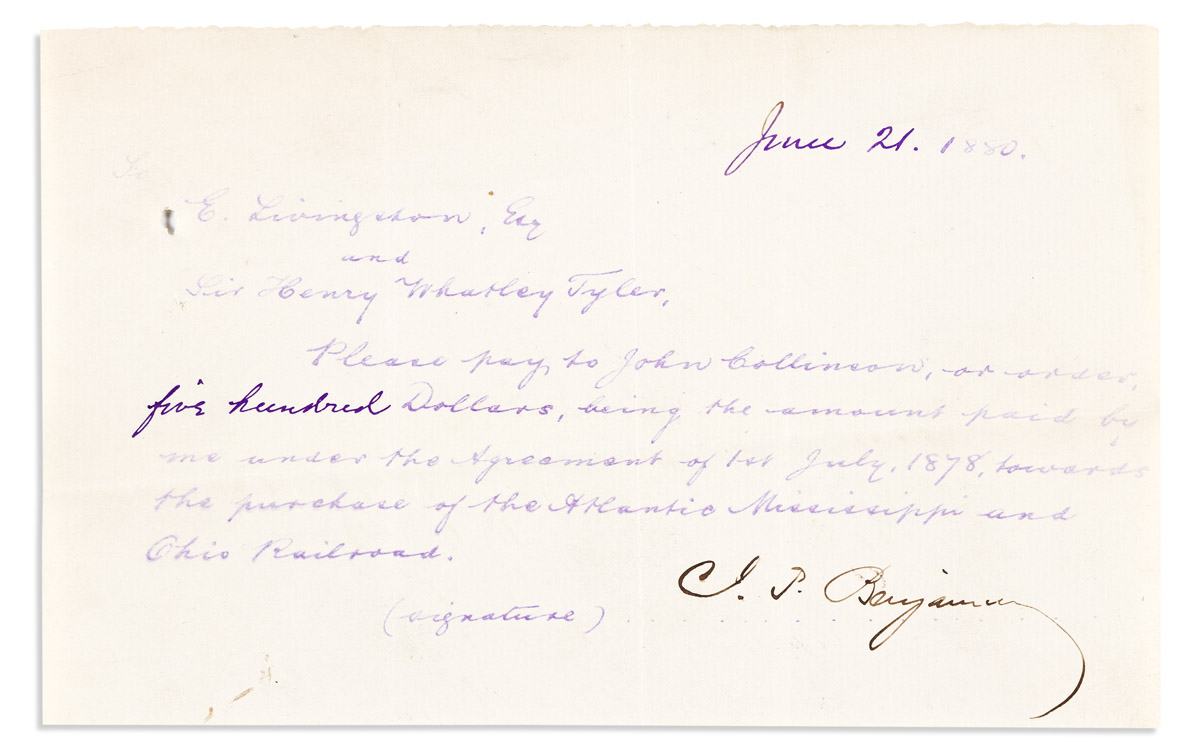 BENJAMIN, JUDAH P. Partly-printed Document Signed, J.P. Benjamin, ordering E. Livingston and Henry Whatley Tyler to pay $500 to John